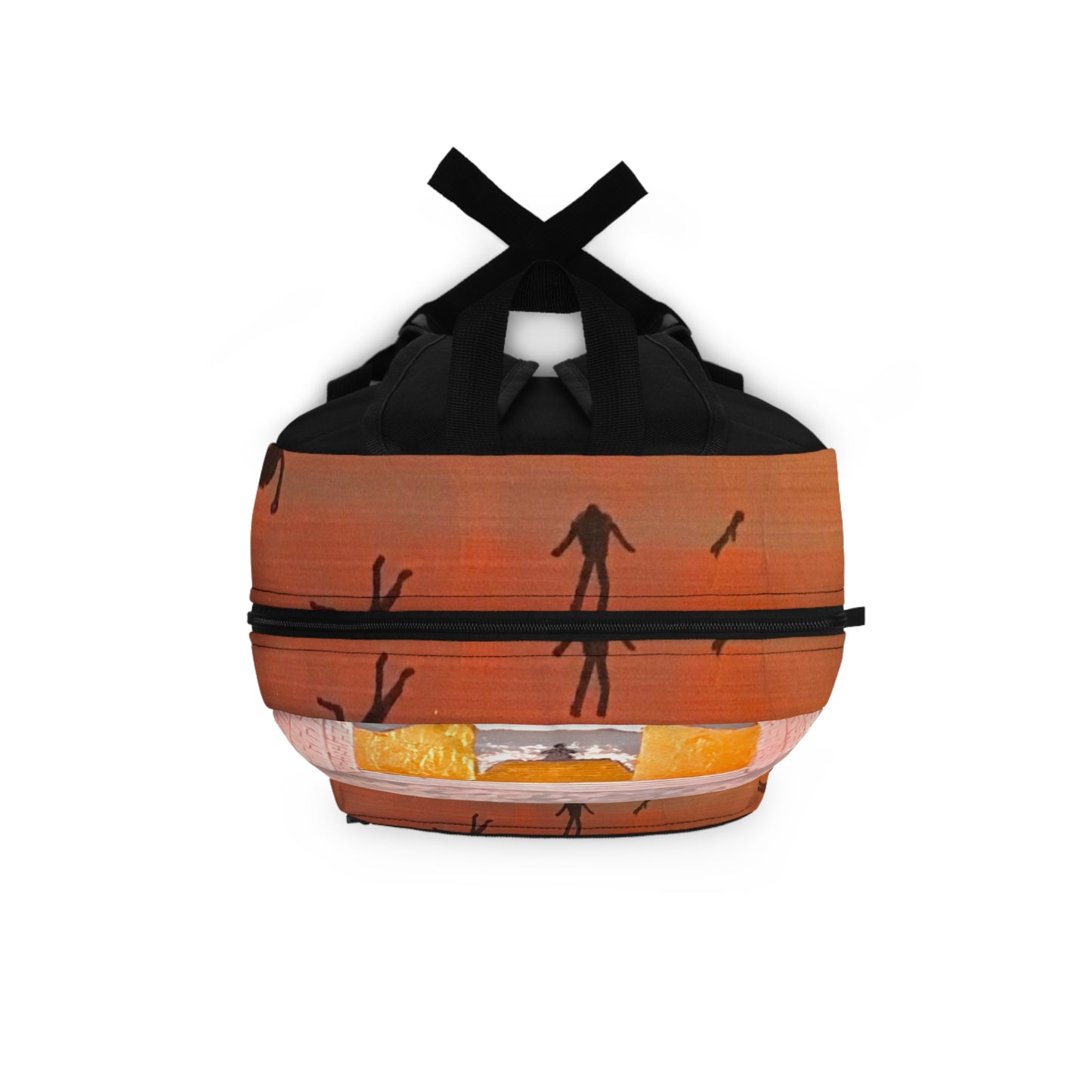 Surreal Cityscape Backpack — Falling Silhouettes & Sunset Skyline Print