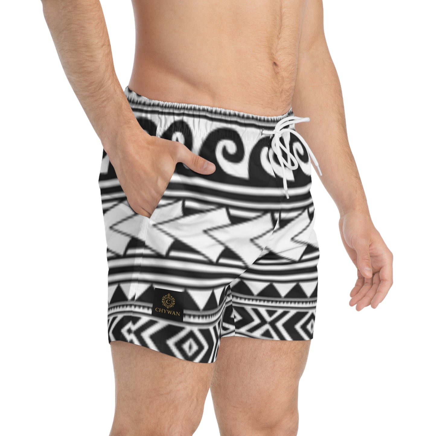 Trendy AOP Swim Trunks - Modern Black & White Pattern