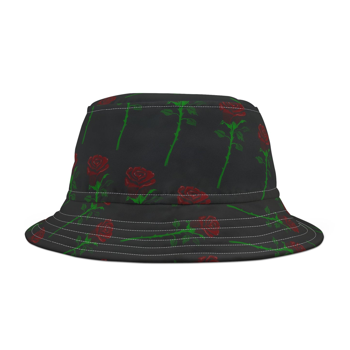 Black Rose Pattern Bucket Hat — Floral AOP Sun Hat
