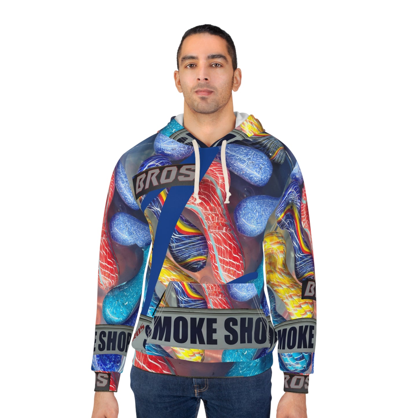Smoke Shop Bros All-Over Print Hoodie — Colorful Pipe Pattern Pullover
