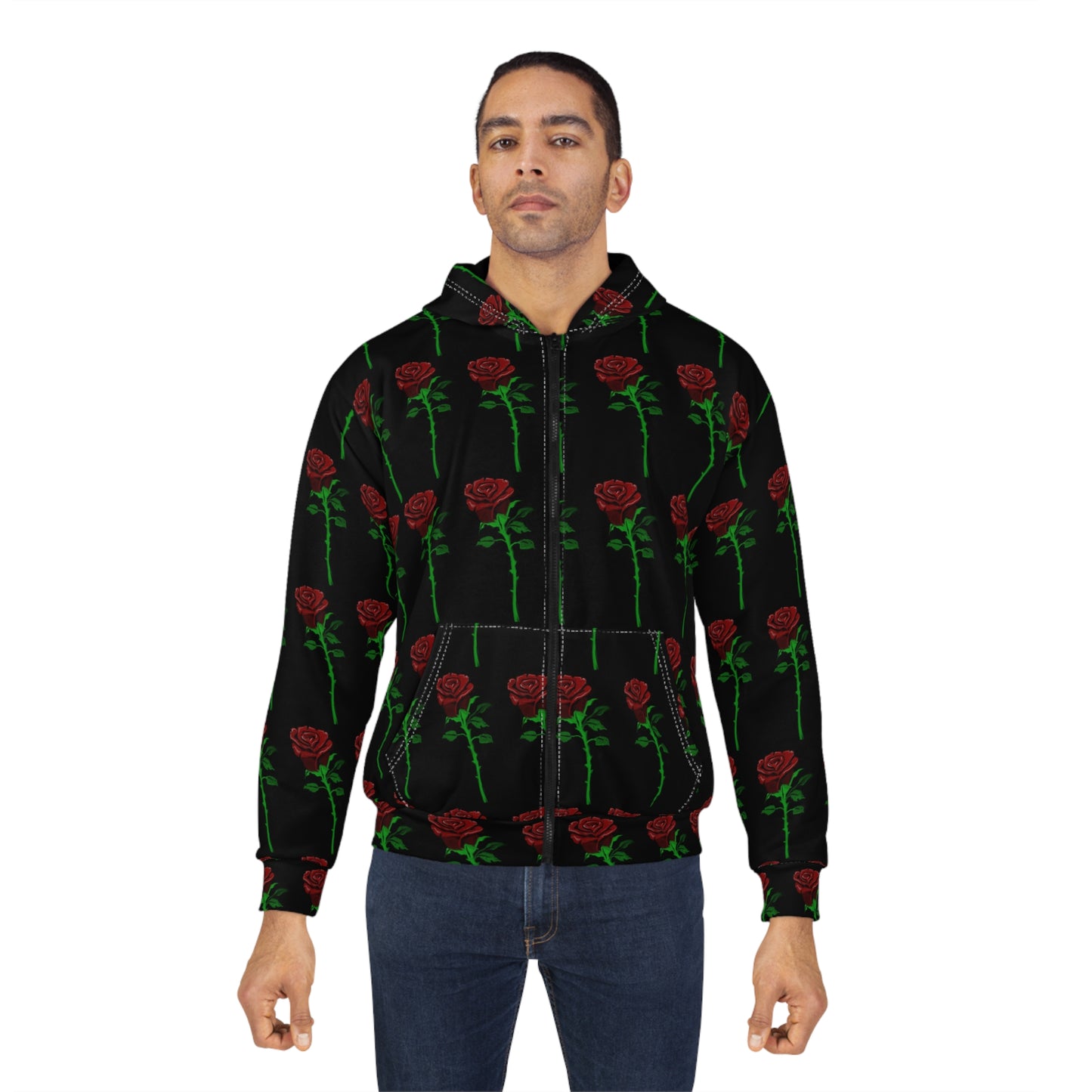 Rose Pattern Zip Hoodie — All-Over Black & Red Floral Zip-Up