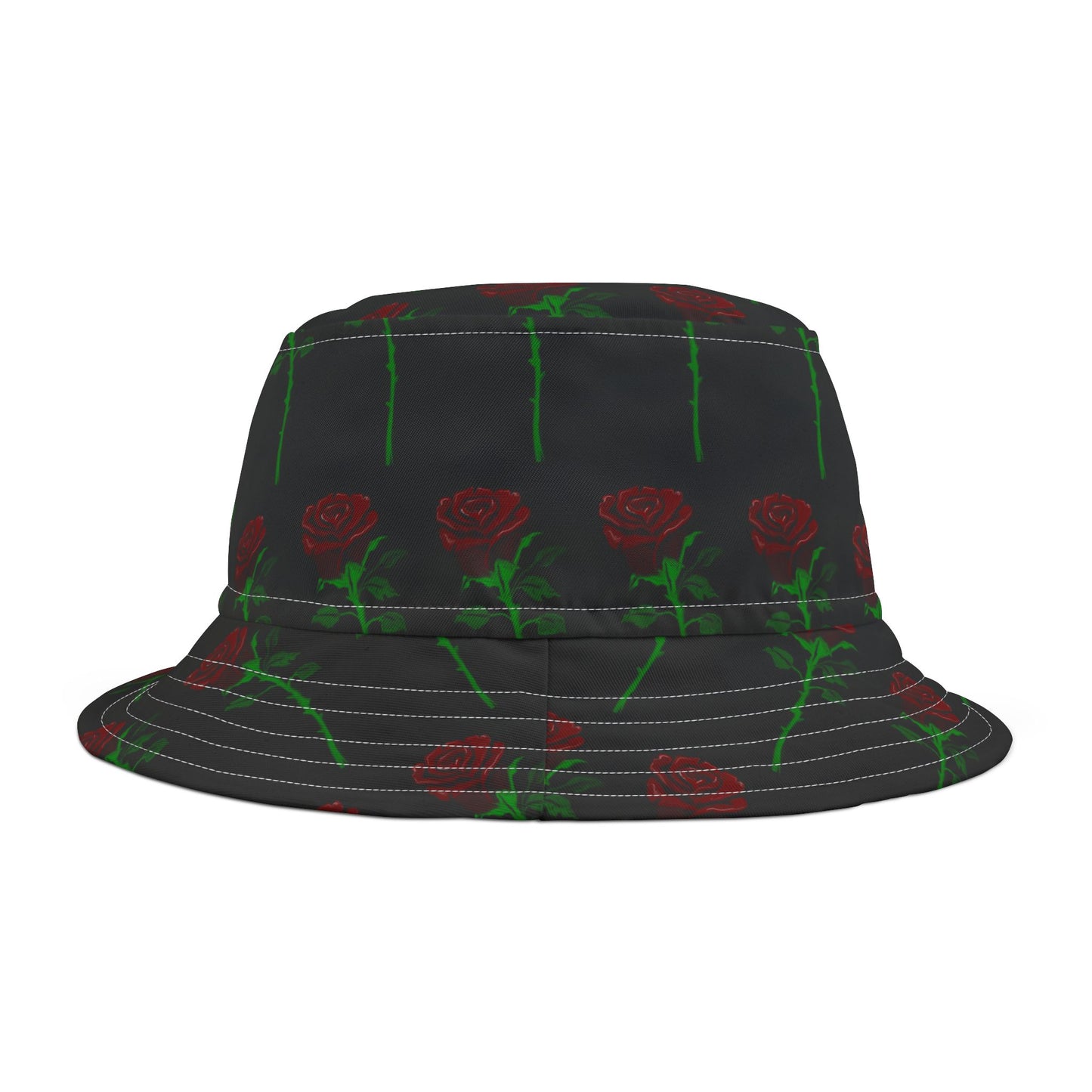 Black Rose Pattern Bucket Hat — Floral AOP Sun Hat
