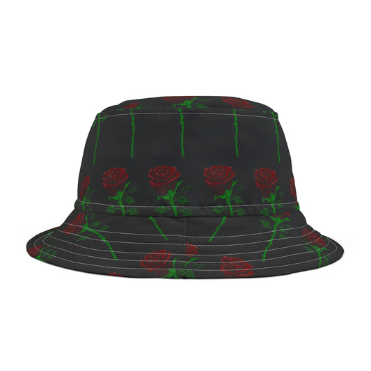 Black Rose Pattern Bucket Hat — Floral AOP Sun Hat