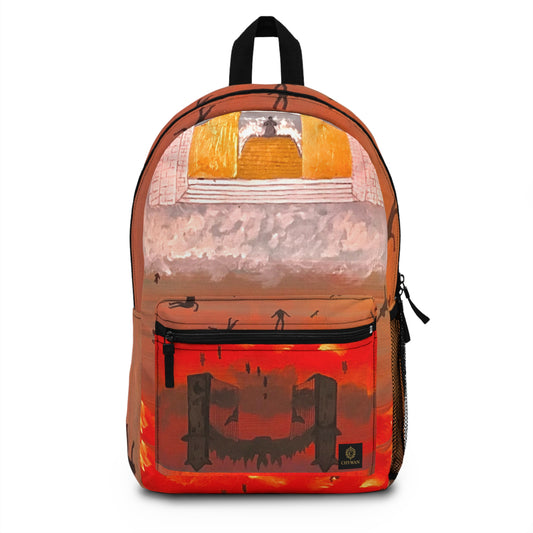 Surreal Cityscape Backpack — Falling Silhouettes & Sunset Skyline Print