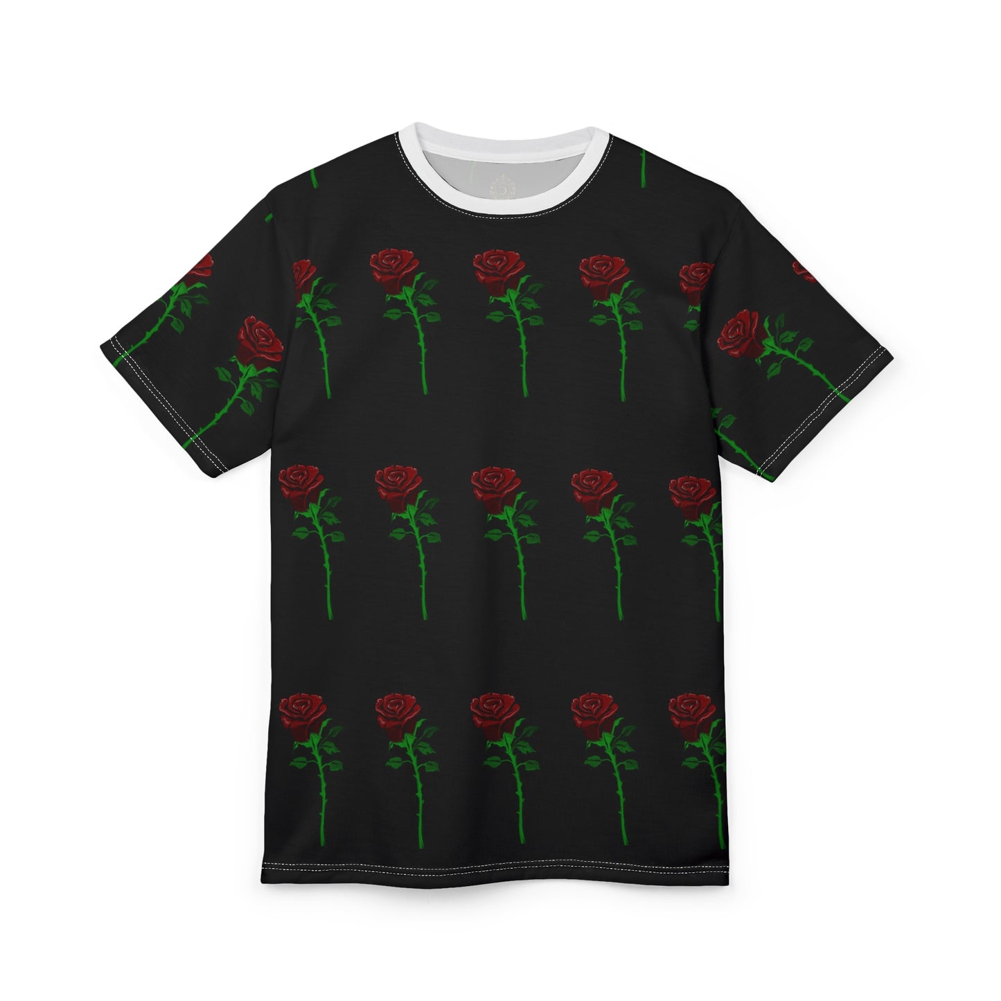 Rose Pattern Tee — Black All-Over Print Floral T-Shirt