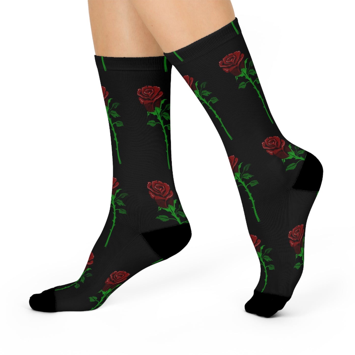 Red Rose Pattern Cushioned Crew Socks — Floral Gothic Accent Socks for Women & Men