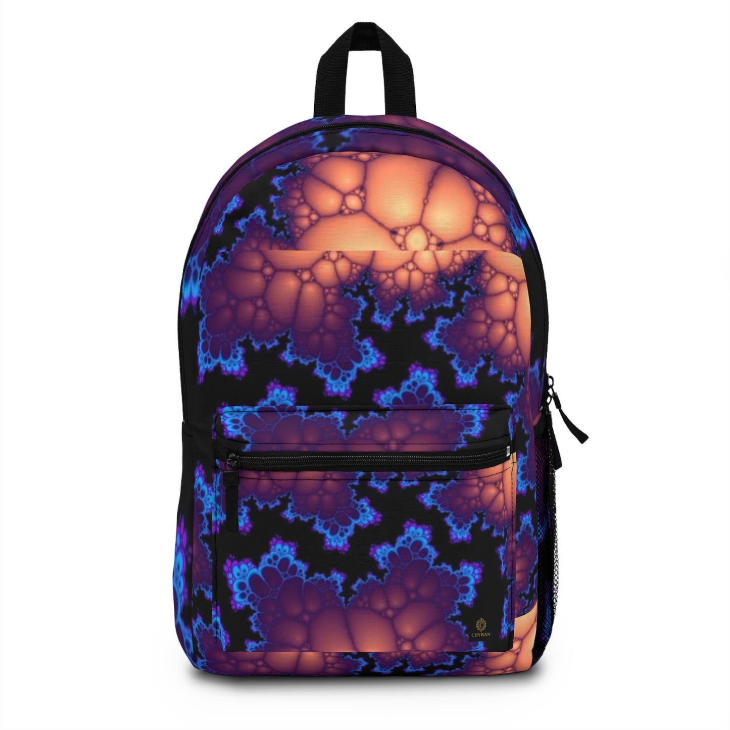 Psychedelic Fractal Backpack — Neon Blue & Orange Abstract Daypack