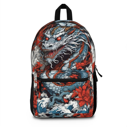 Dragon Waves Backpack — Red & Blue Mythical Japanese Dragon School Bag