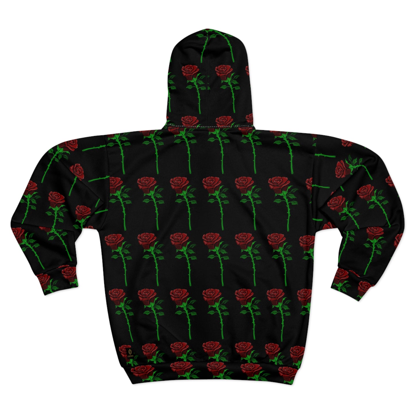 Rose Pattern Zip Hoodie — All-Over Black & Red Floral Zip-Up