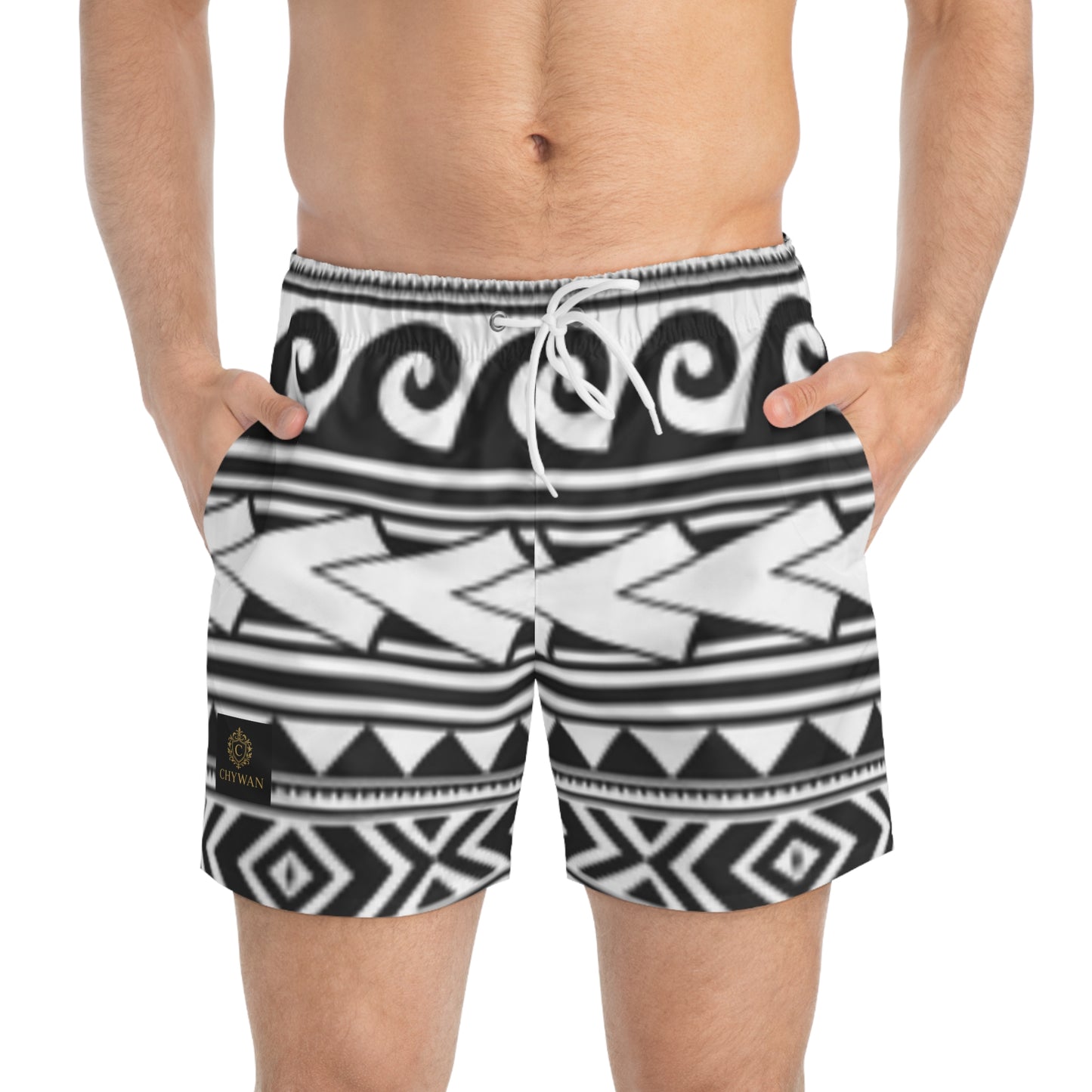 Trendy AOP Swim Trunks - Modern Black & White Pattern