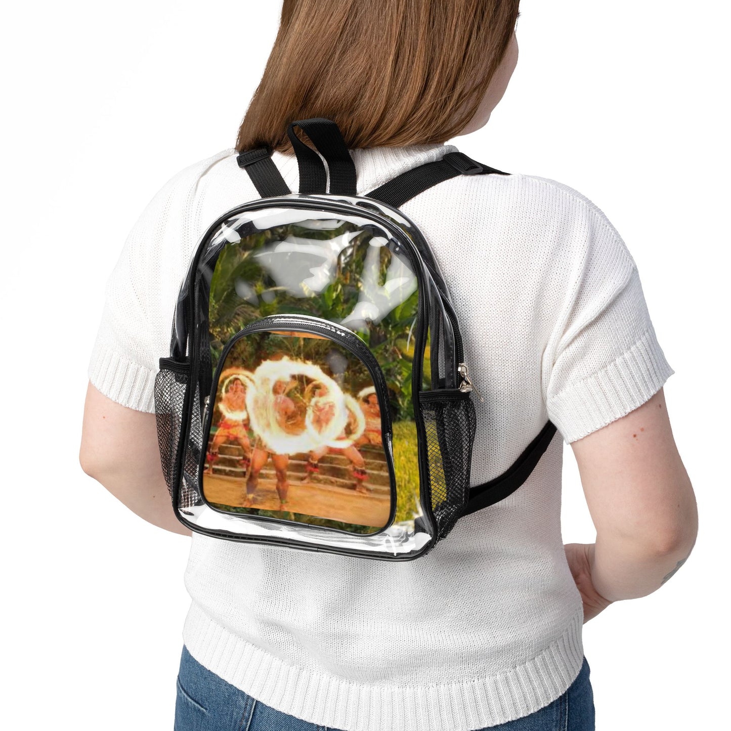 Clear Stadium Backpack with Fire Hoop Photo Print — Transparent Festival School Bag
