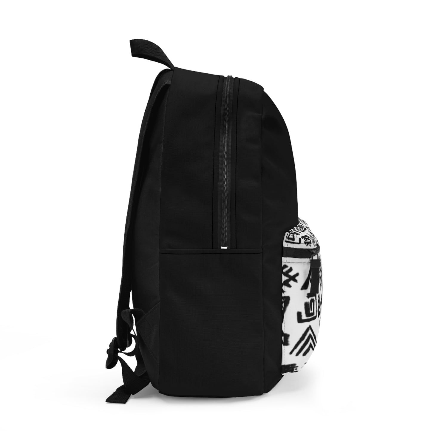 Trendy Black and White Backpack with Graphic Design