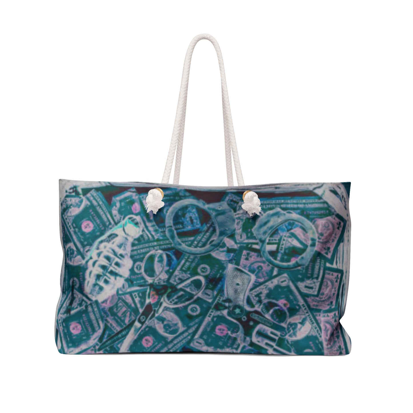 Money Pattern Weekender Bag — Nautical Rope Handle Travel Tote