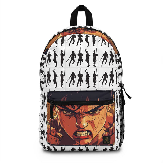 Anime Action Backpack — Intense Manga Face & Silhouette Pattern School Bag