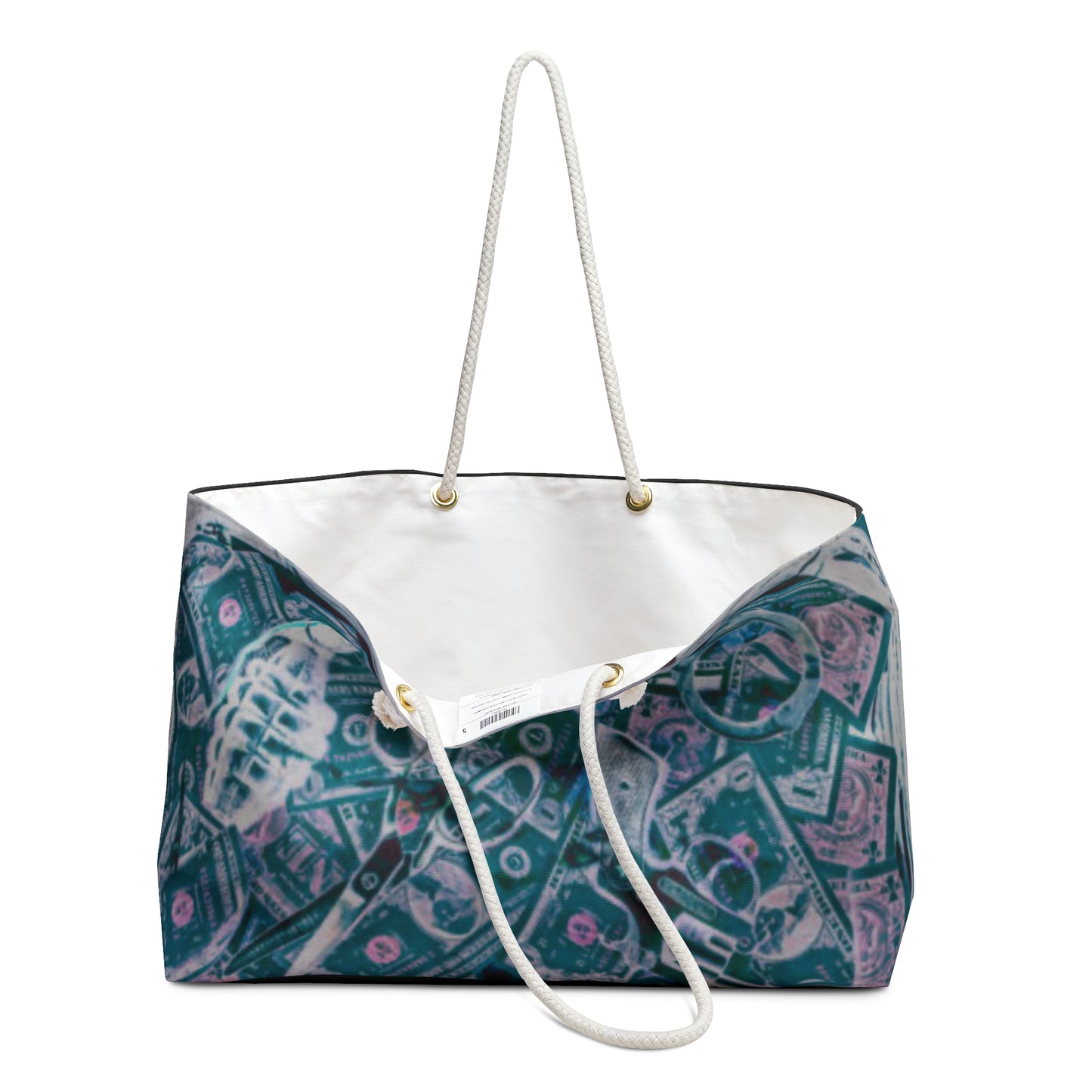 Money Pattern Weekender Bag — Nautical Rope Handle Travel Tote