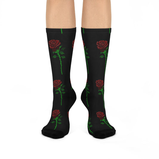 Red Rose Pattern Cushioned Crew Socks — Floral Gothic Accent Socks for Women & Men
