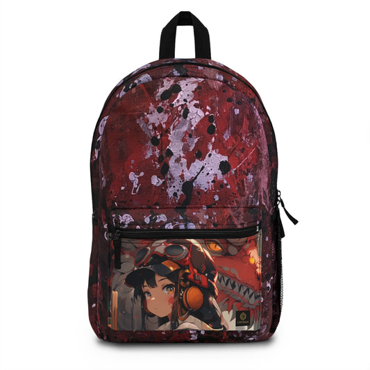 Anime Pilot Girl Backpack — Red Splatter Design, Front Pocket Illustration