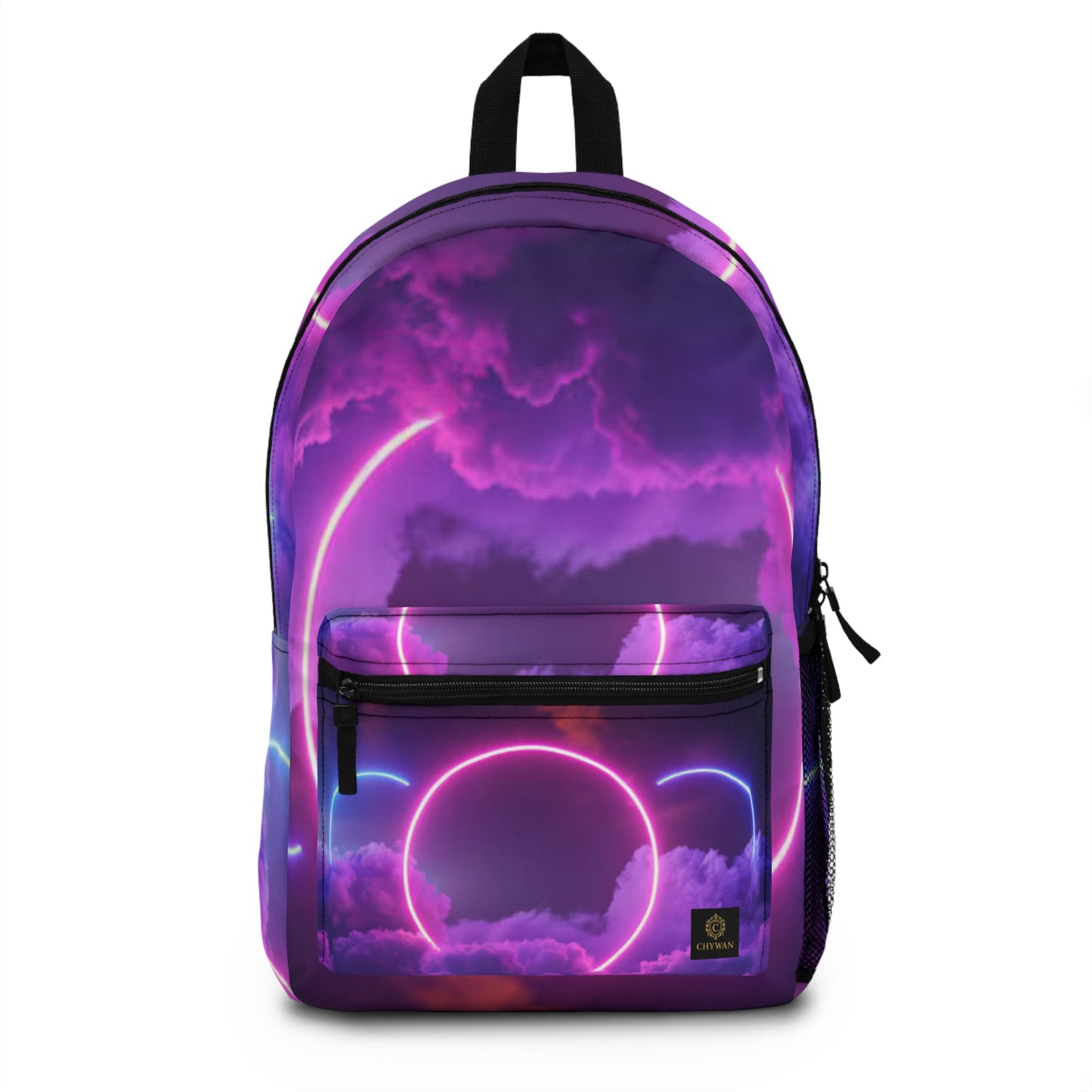 Neon Cloud Backpack — Purple Retro Futuristic Backpack with Glowing Circle Design