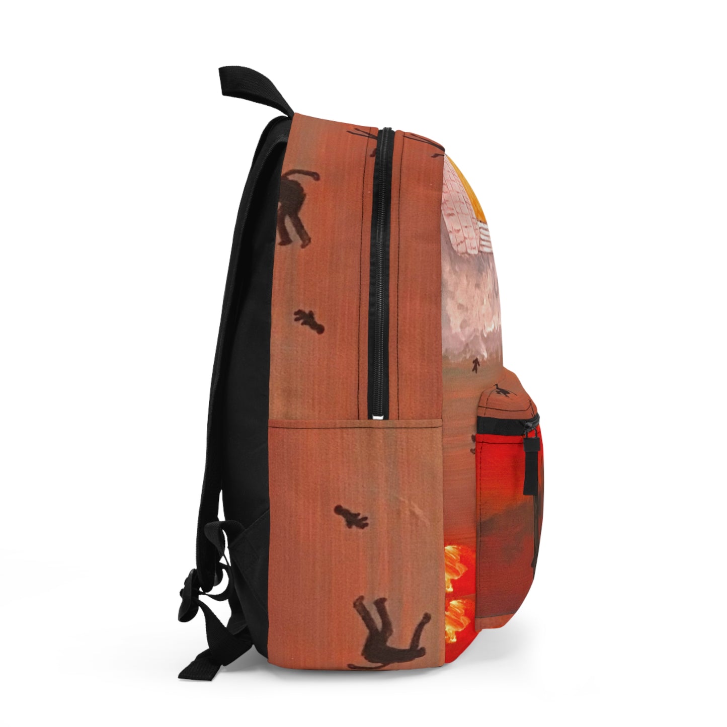 Surreal Cityscape Backpack — Falling Silhouettes & Sunset Skyline Print