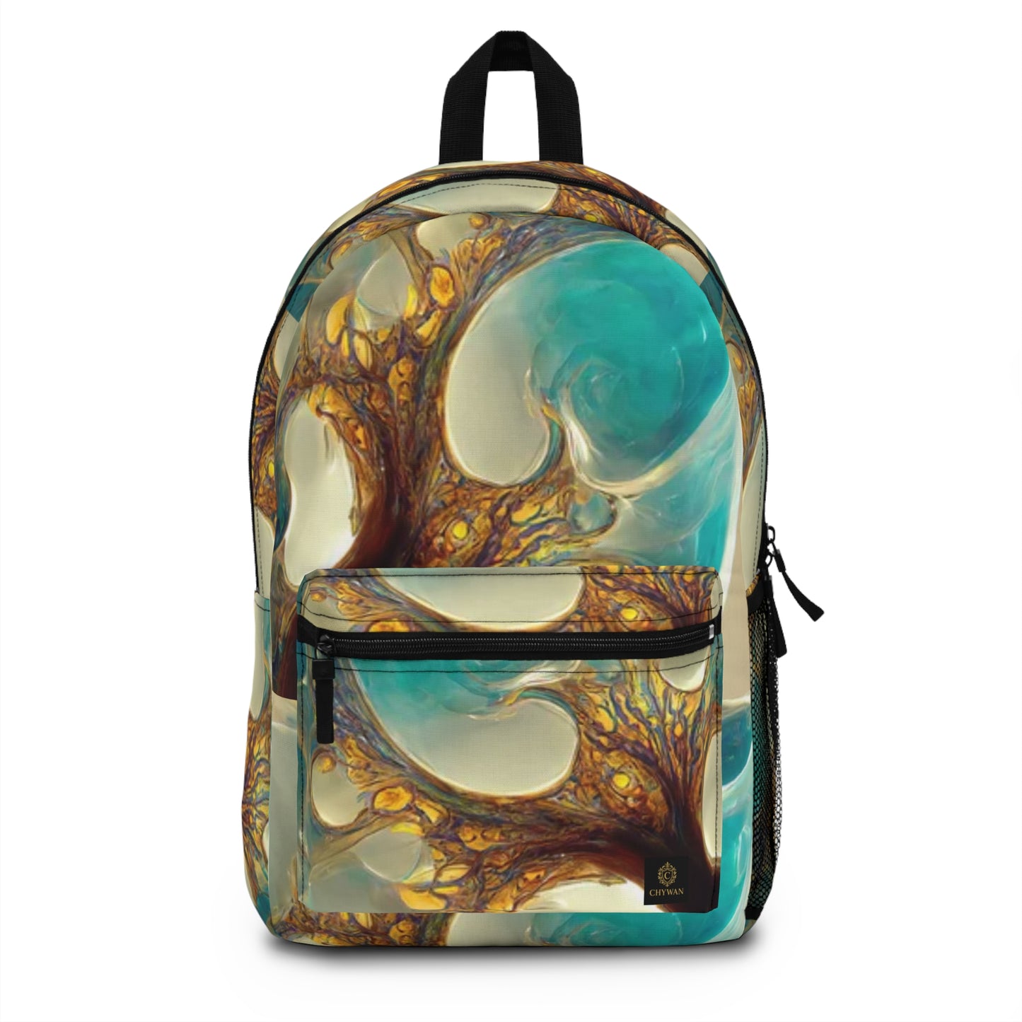 Abstract Ocean Swirl Backpack — Turquoise & Gold Artistic Daypack