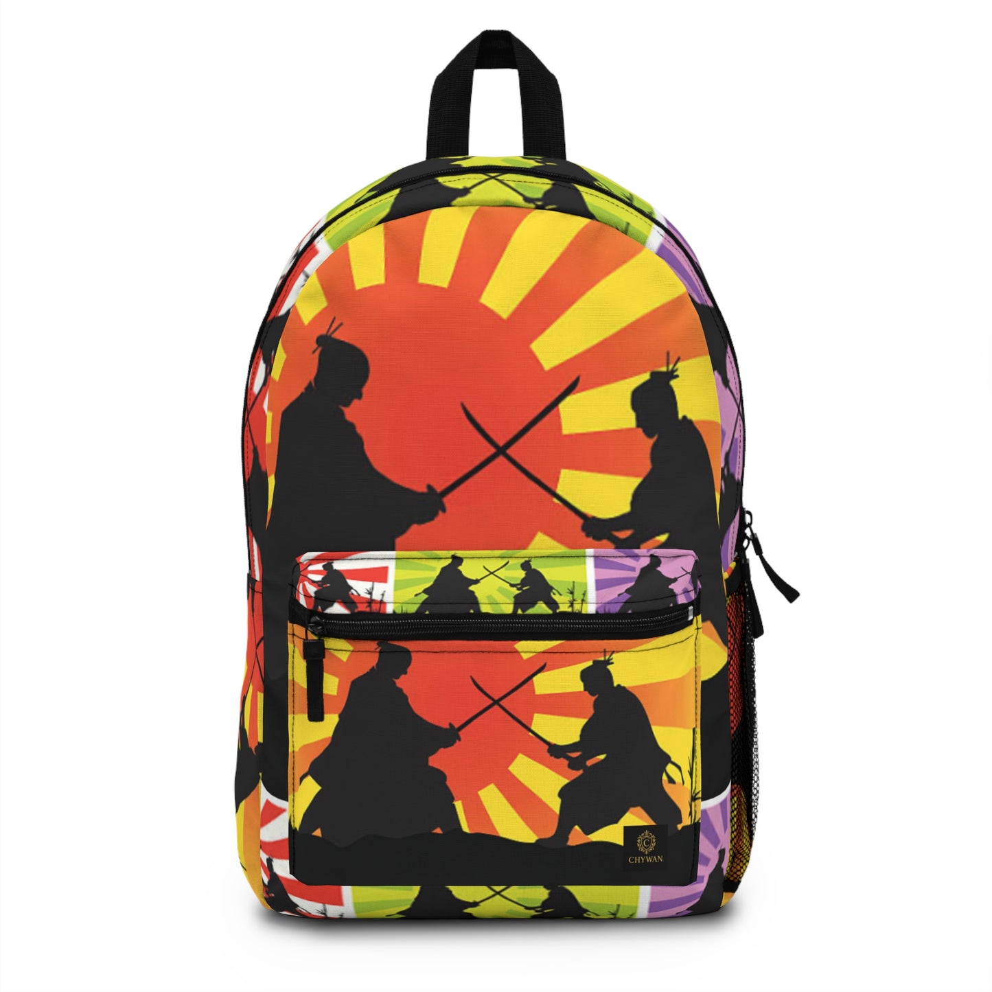 Samurai Sunset Backpack — Retro Rising Sun Swordfighter School Bag