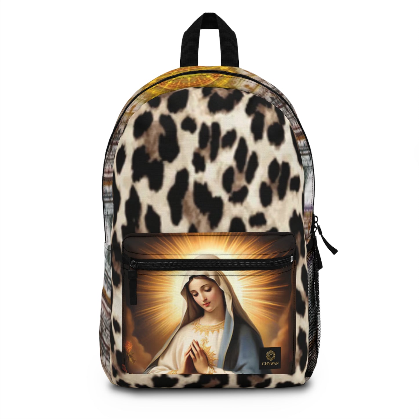 Sacred Heart Mary Leopard-Print Backpack — Religious School & Everyday Bag