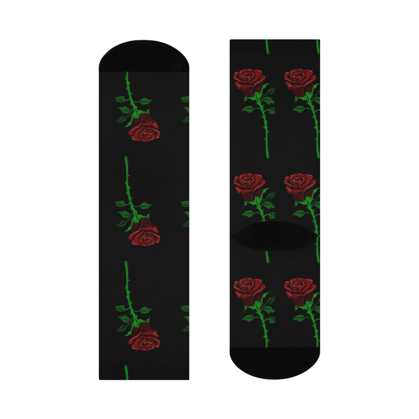 Red Rose Pattern Cushioned Crew Socks — Floral Gothic Accent Socks for Women & Men