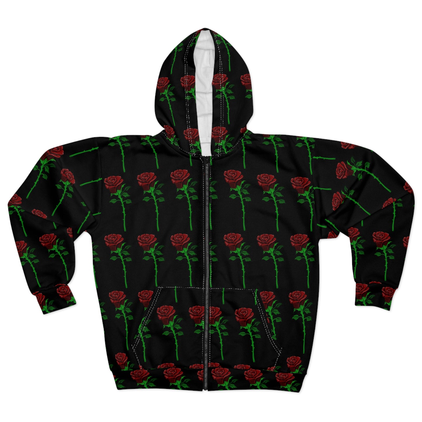 Rose Pattern Zip Hoodie — All-Over Black & Red Floral Zip-Up