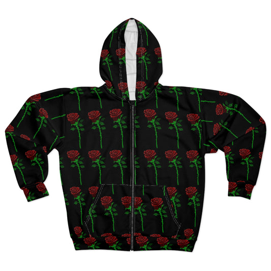 Rose Pattern Zip Hoodie — All-Over Black & Red Floral Zip-Up
