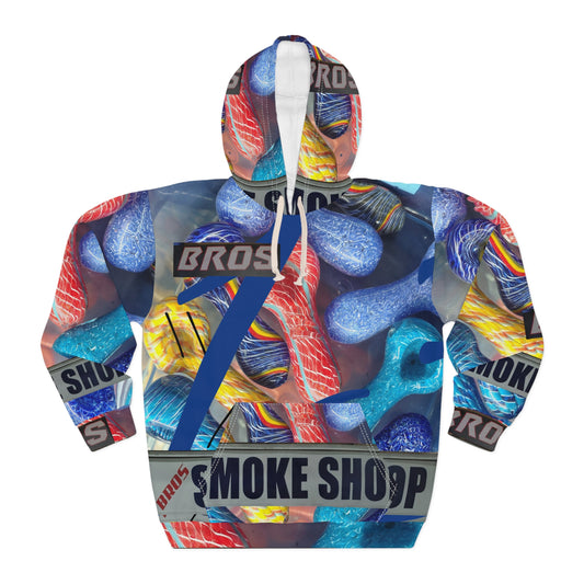 Smoke Shop Bros All-Over Print Hoodie — Colorful Pipe Pattern Pullover