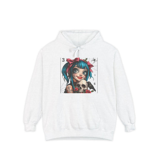 Gothic Doll Hoodie — Blue-Haired Girl with Skull Graphic