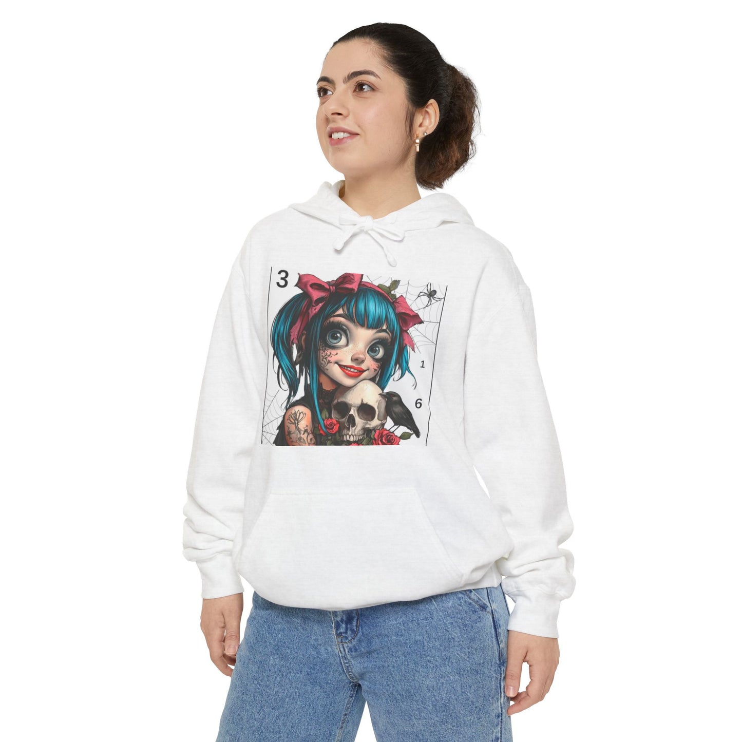 Gothic Doll Hoodie — Blue-Haired Girl with Skull Graphic