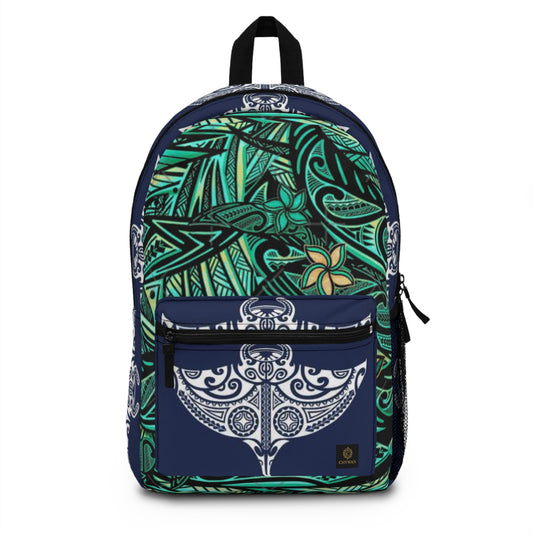 Tropical Tribal Backpack — Green Leaf & Polynesian Wave Design