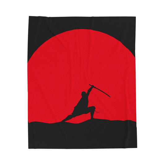 Velveteen Plush Blanket — Samurai Silhouette Red Sun Throw
