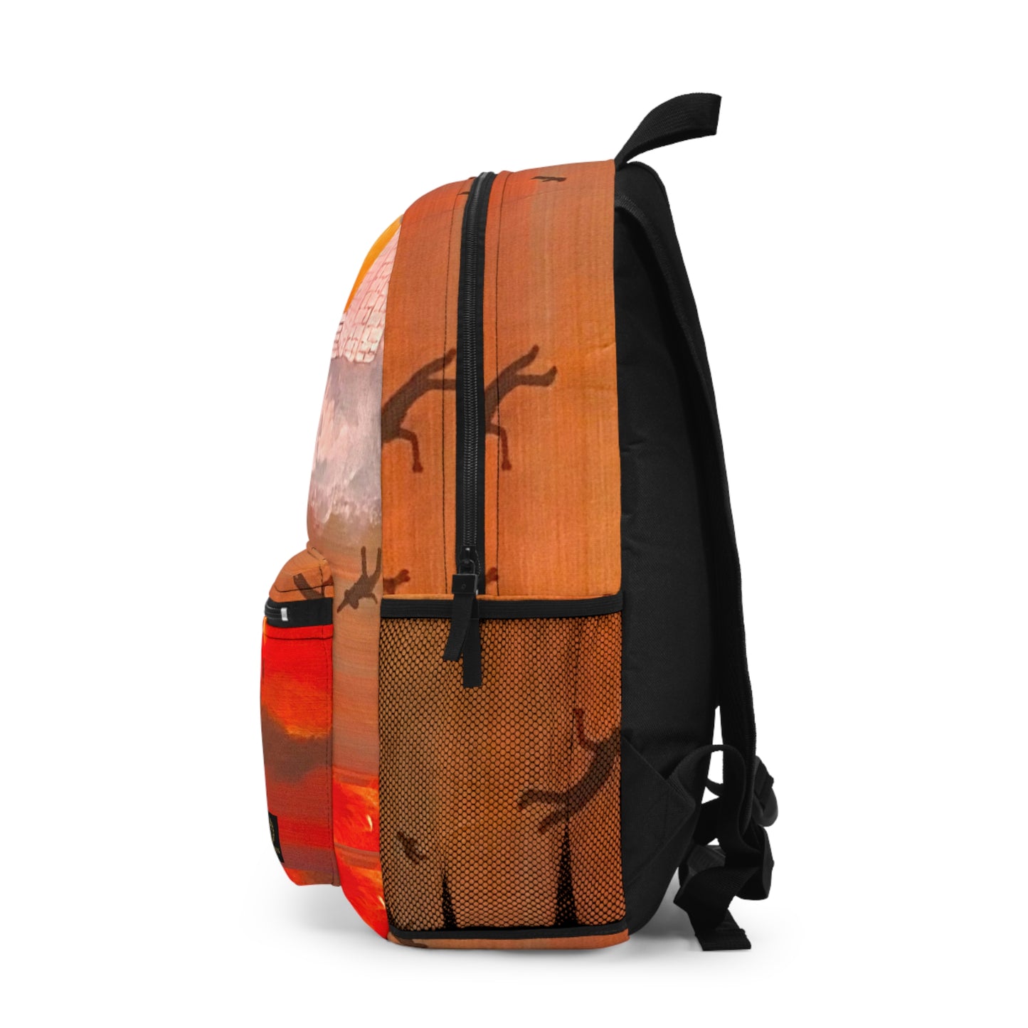 Surreal Cityscape Backpack — Falling Silhouettes & Sunset Skyline Print