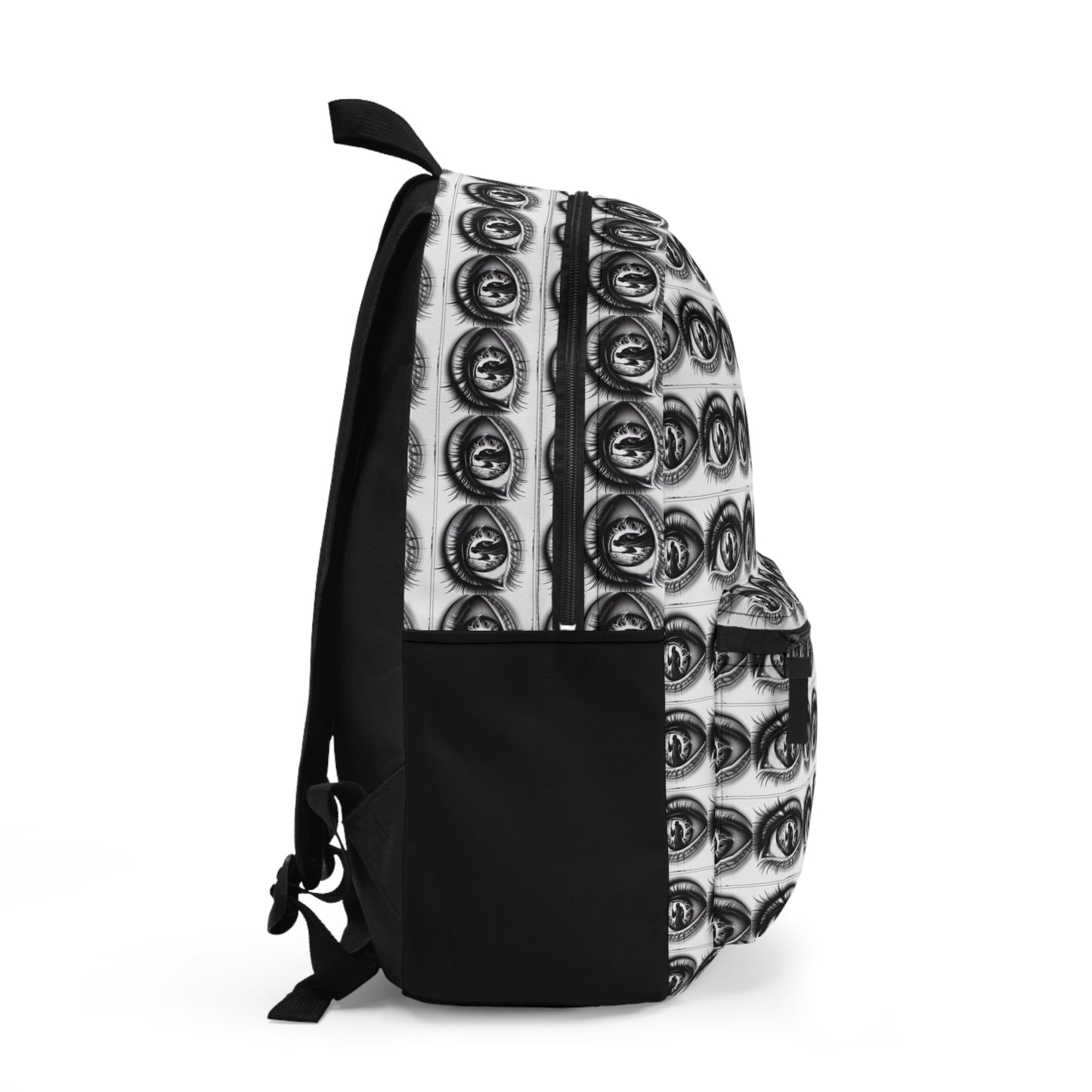 All-Seeing Eye Pattern Backpack — Monochrome Surreal Graphic Bag