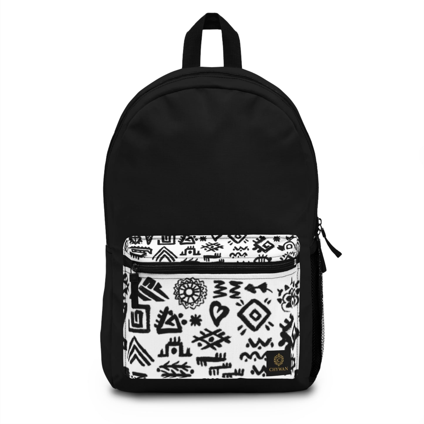 Trendy Black and White Backpack with Graphic Design