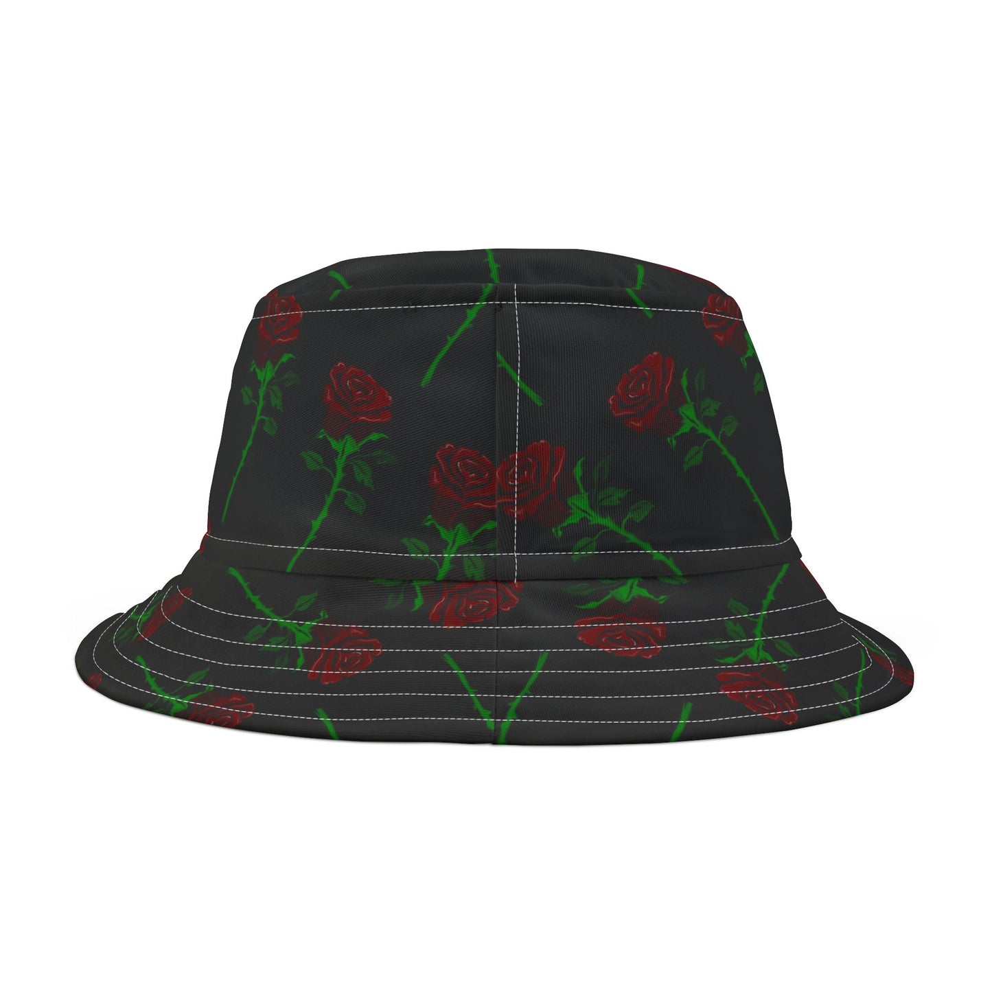 Black Rose Pattern Bucket Hat — Floral AOP Sun Hat