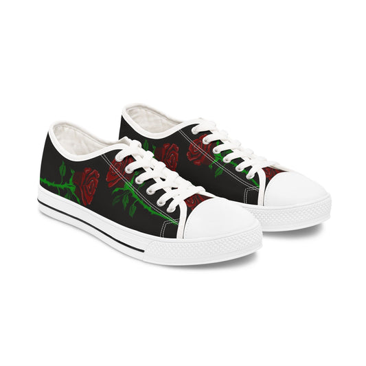 Low Top Sneakers — Black Red Rose Floral Design