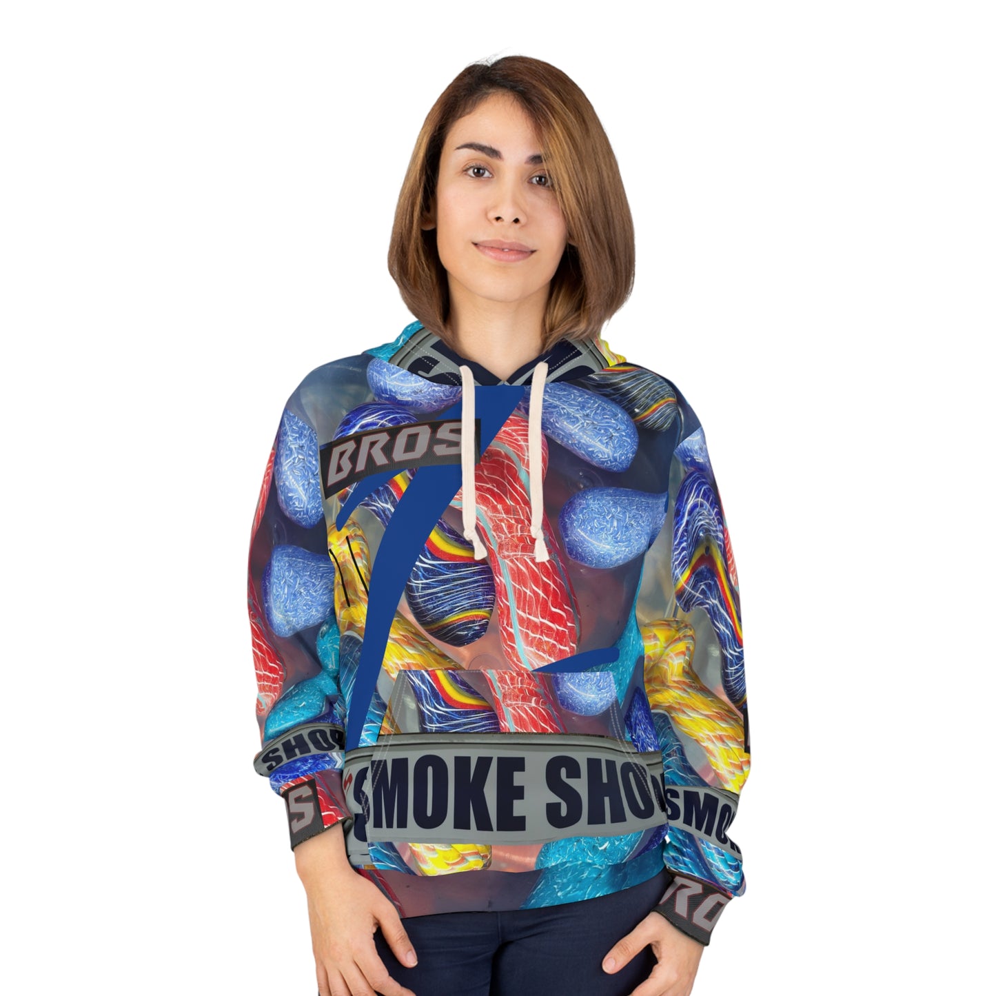 Smoke Shop Bros All-Over Print Hoodie — Colorful Pipe Pattern Pullover