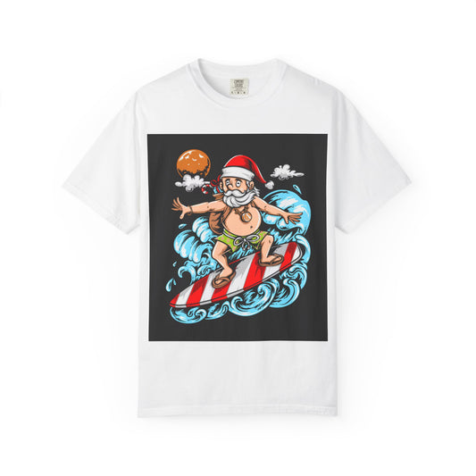 Santa Surfing T-Shirt — Funny Christmas Santa on Surfboard Holiday Tee