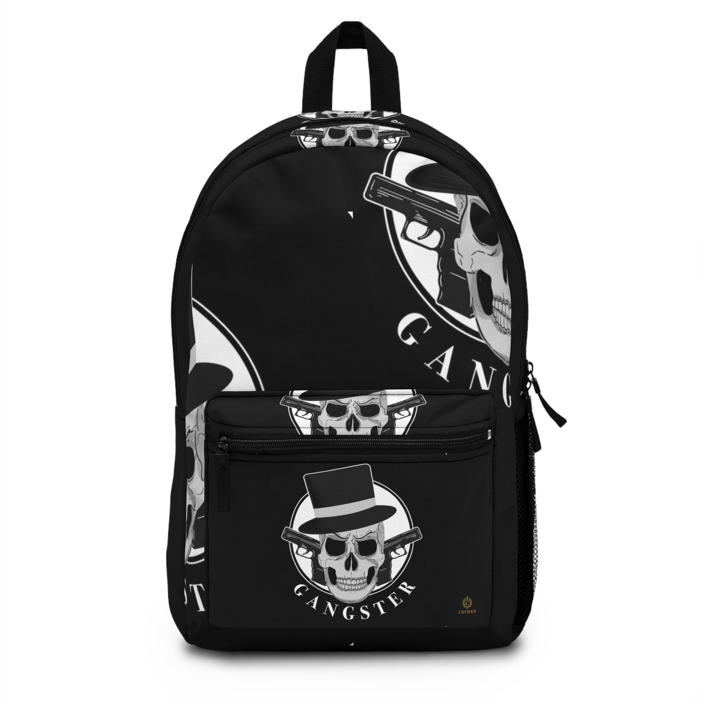 Gangster Skull Backpack — Dark Skull & Guns Graphic School Daypack