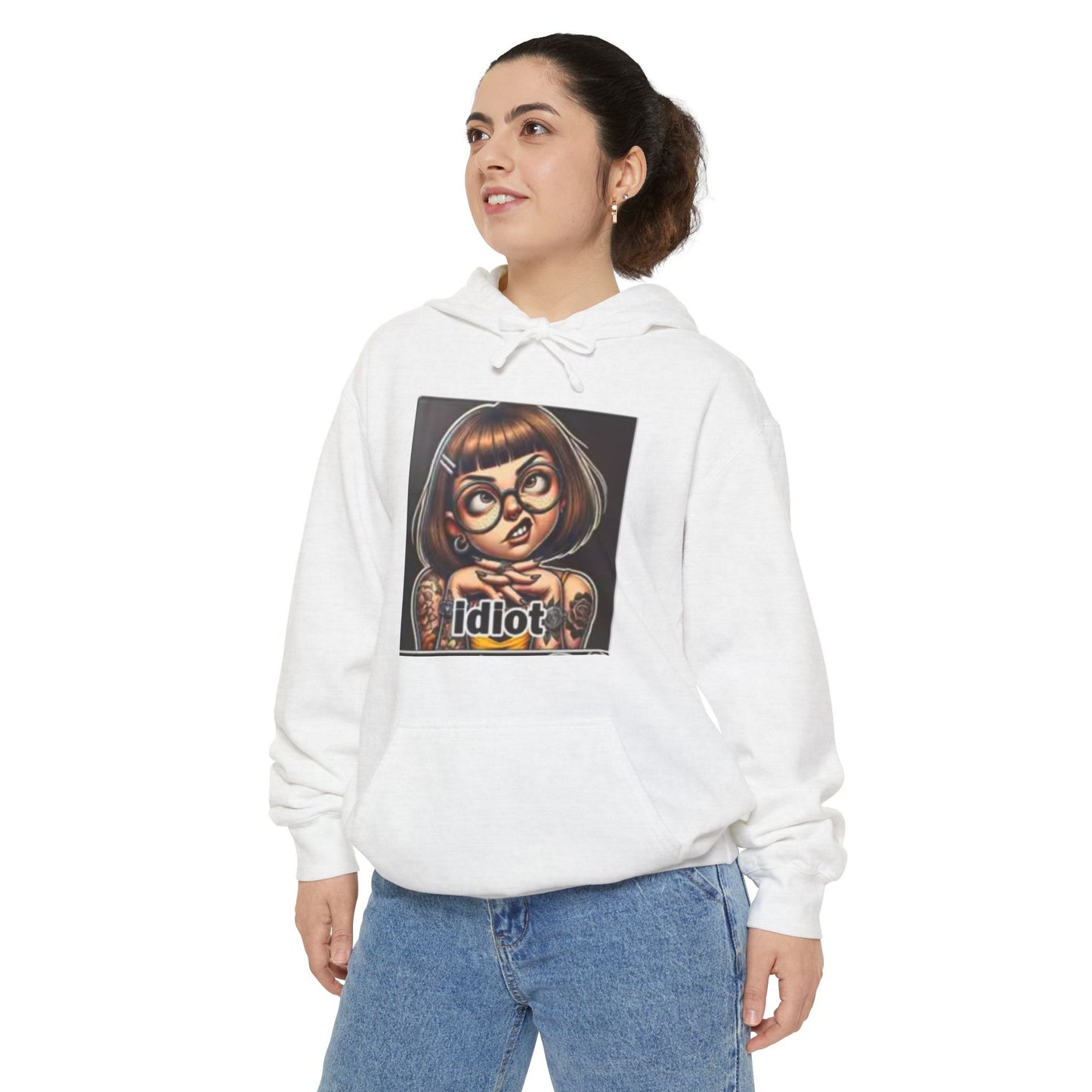Hoodie — Retro Cartoon Girl 'Idiot' Graphic Pullover