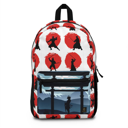 Samurai Silhouette Backpack — Japanese Torii & Red Sun Martial Arts Design