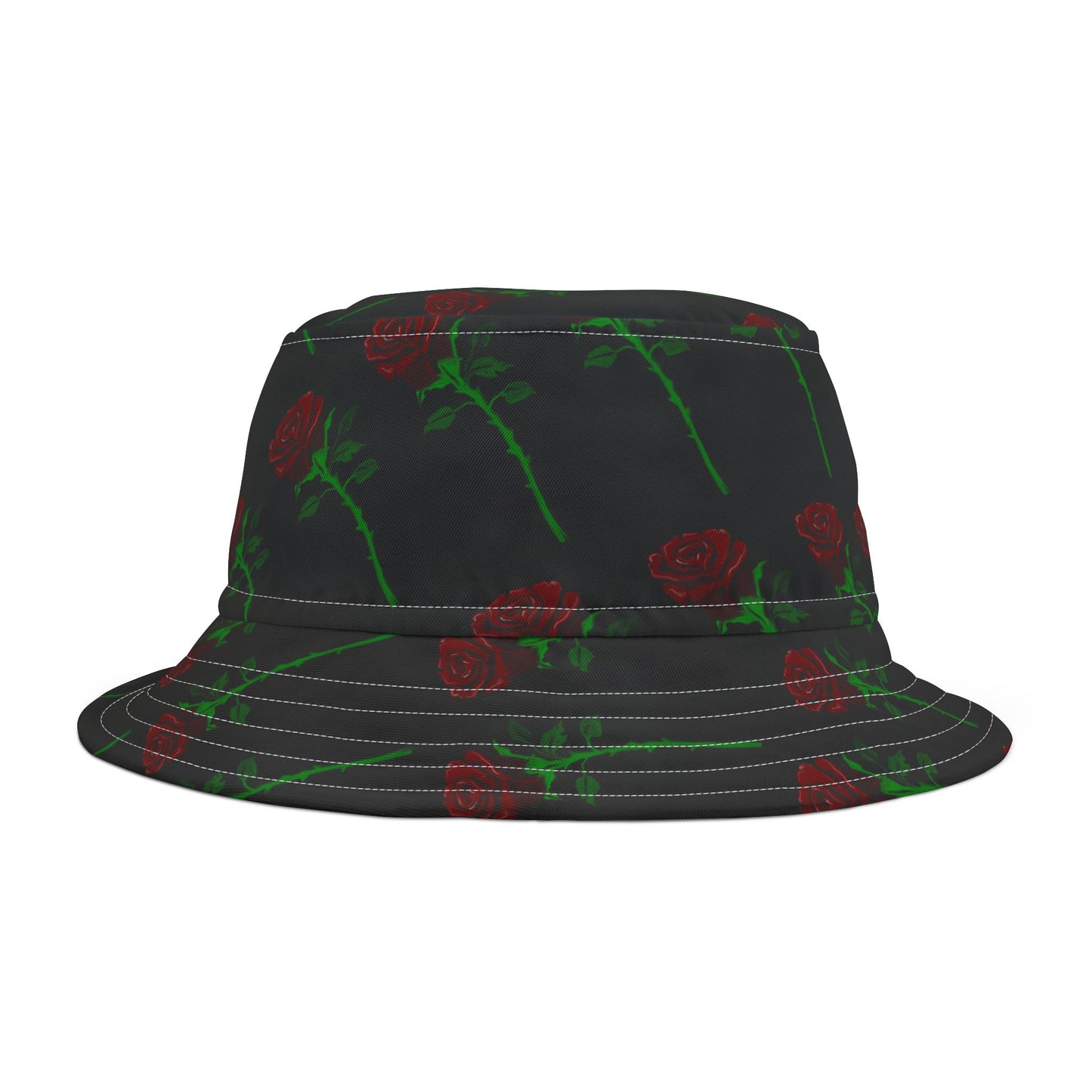 Black Rose Pattern Bucket Hat — Floral AOP Sun Hat