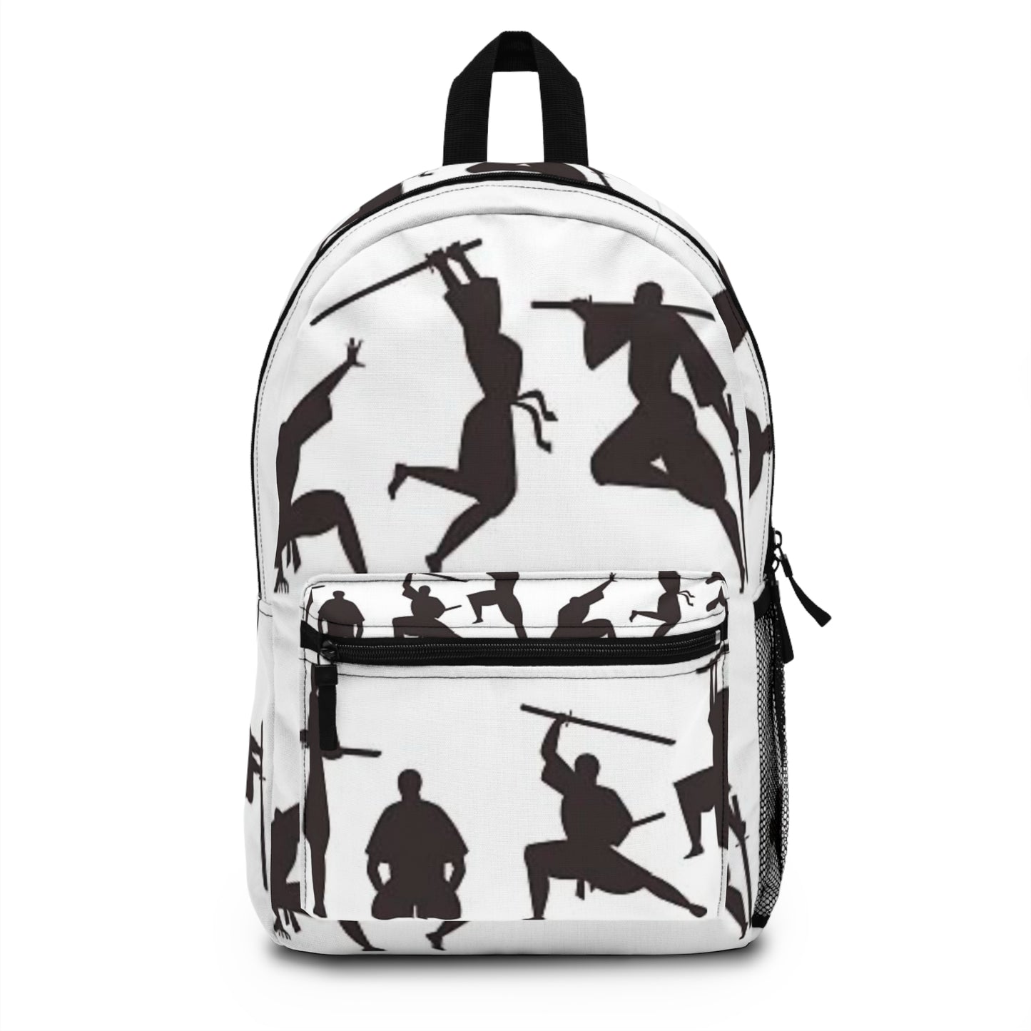 Ninja Silhouette Backpack — Black Samurai Action Pattern School Bag