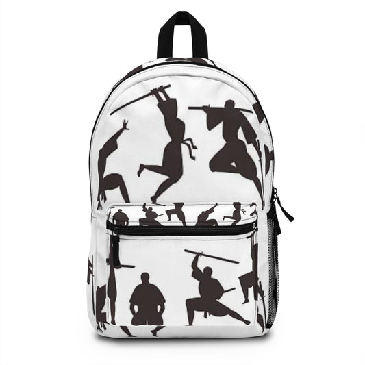 Ninja Silhouette Backpack — Black Samurai Action Pattern School Bag